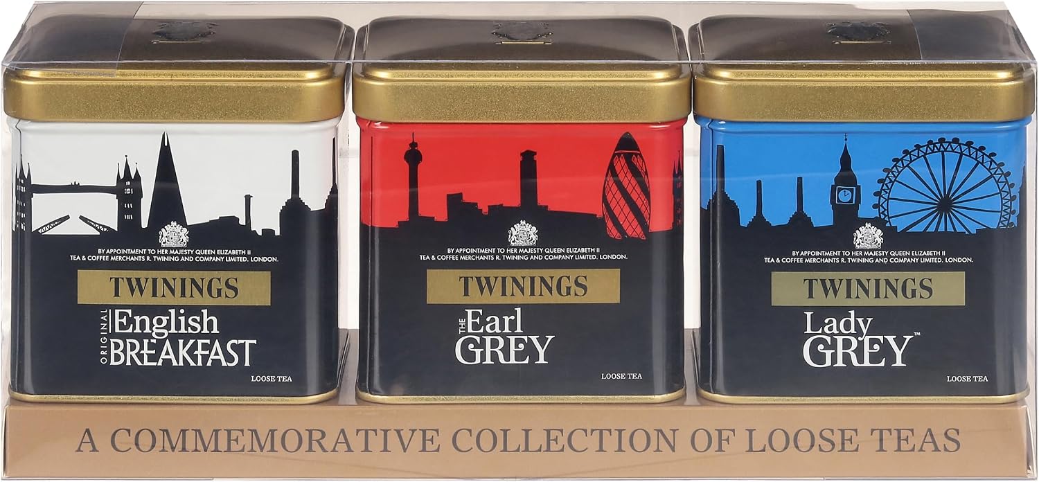 Twinings London Skyline Red, White, & Blue Commemorative Collection of Loose Leaf Teas, Limited Edition Gift Set, 100g Tins (Pack of 3), Original English Breakfast, The Earl Grey, & Lady Grey Tins