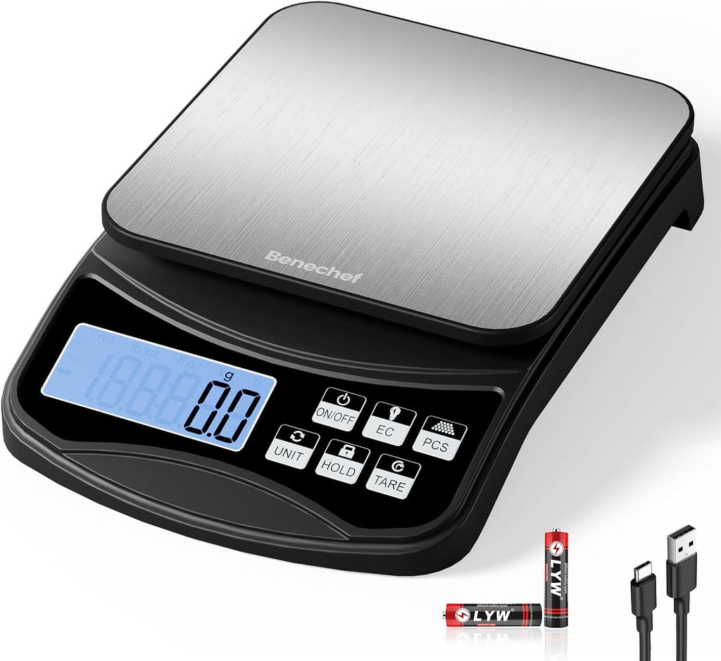 Food Scale, Digital Kitchen Scale with Large Panel, Weight Grams and Ounces for Baking Cooking and Meal Prep, 6 Units with Tare Function, 11lb 5kg/0.1g Batteries and USB Charging