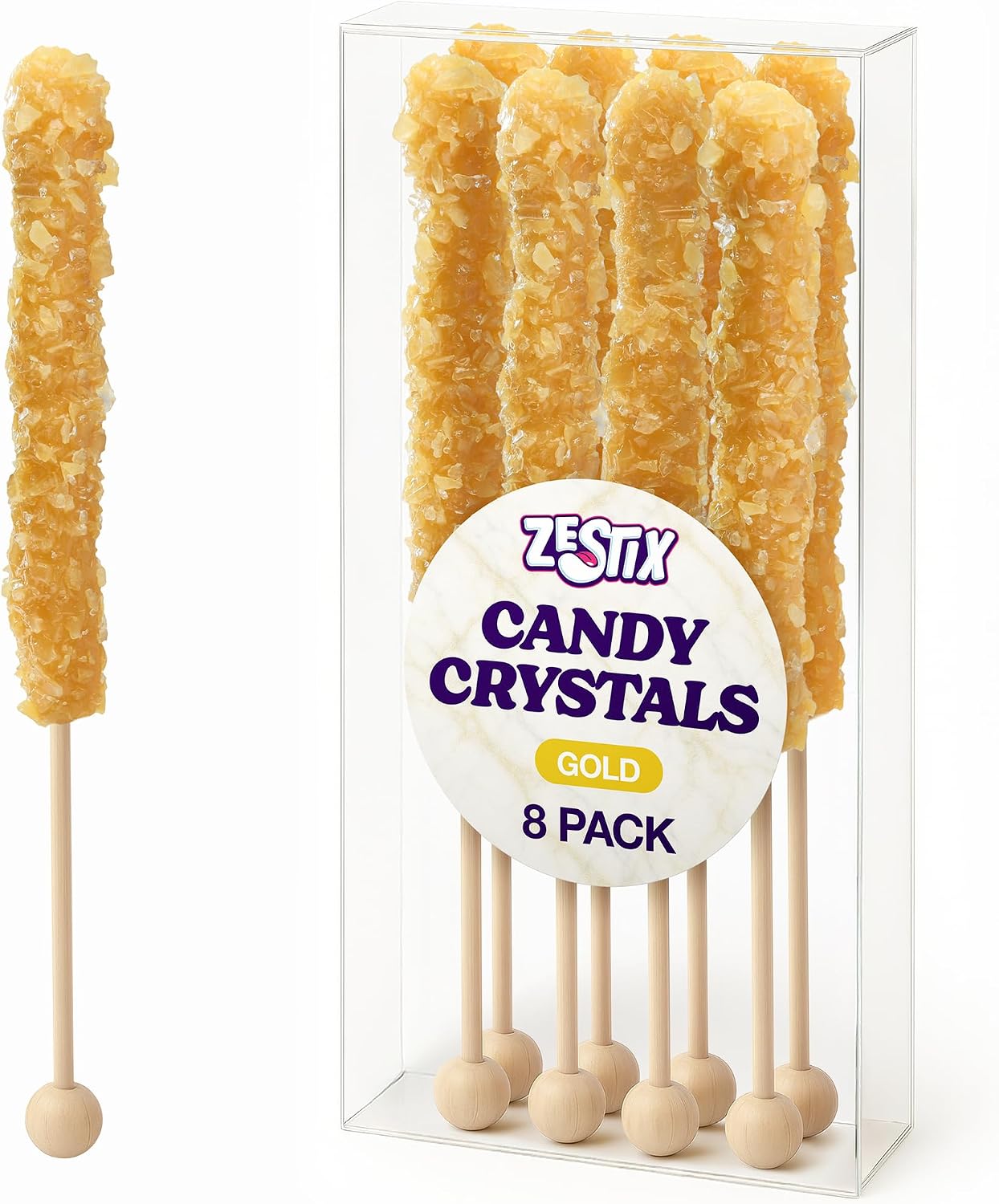 Gold Rock Candy Sticks – Tropical Flavor – 8 Count – Individually Wrapped – Cocktail Garnish, Party Favor – Wedding Decor, Baby Shower, Birthday Display