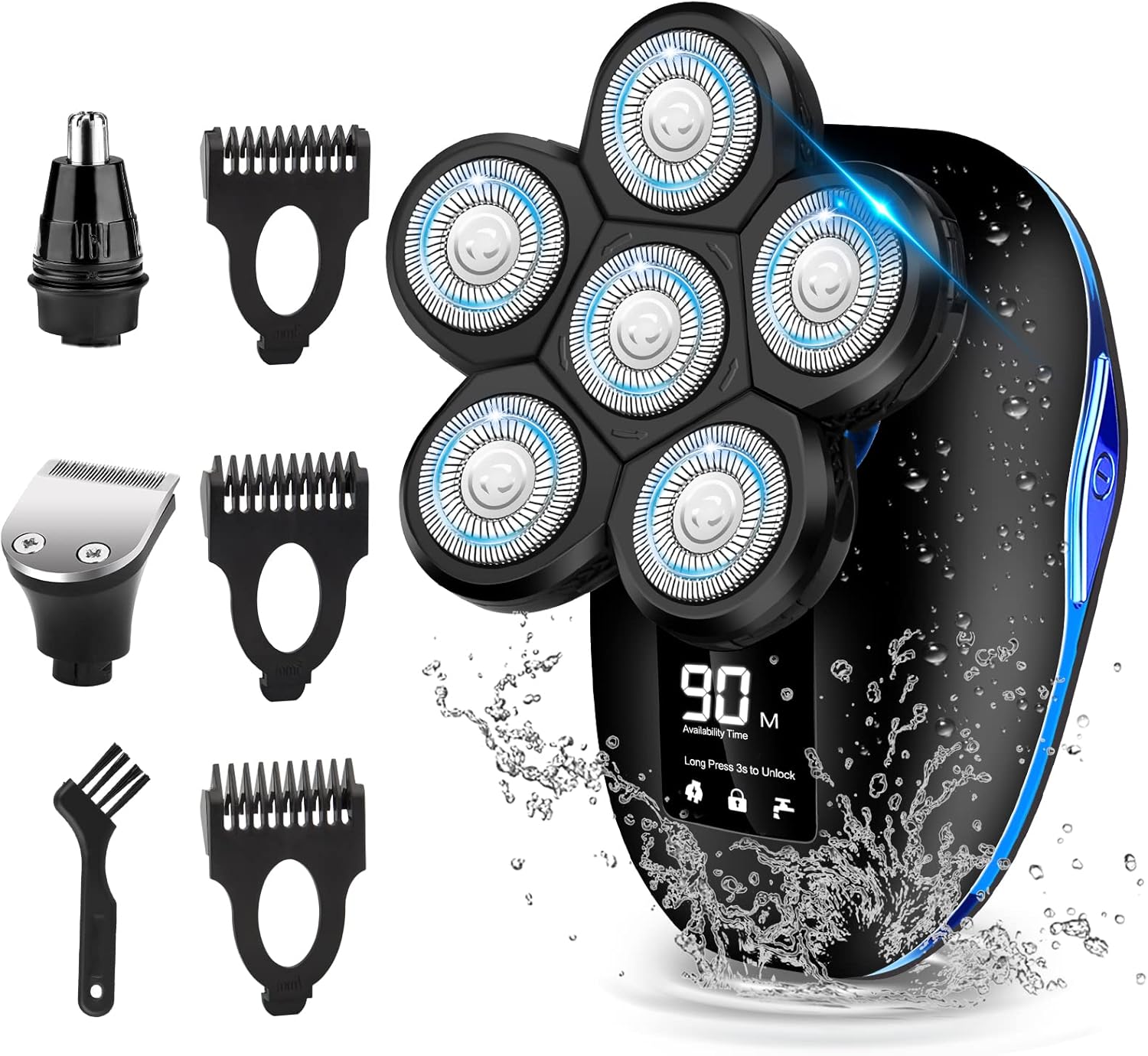 Head Shaver for Bald Men,6-in-1 Electric Shaver for Bald Head 6D Wet/Dry Waterproof Mens Electric Razor Head Shavers Mens Grooming Kit Cordless Rechargeable Face Head Shaving Rotary Shavers