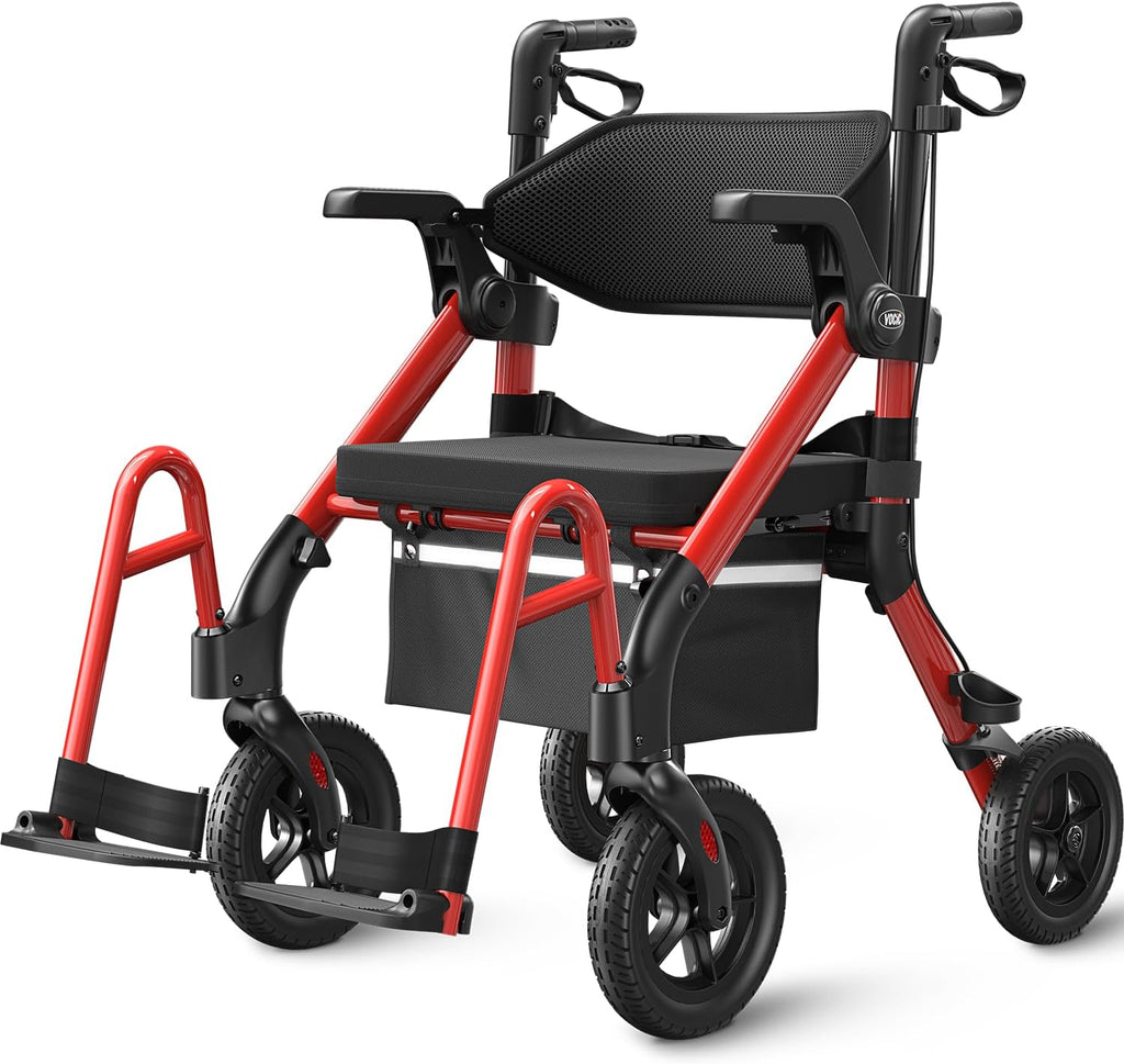 VOCIC Walkers for Seniors, Z55 2 in 1 Walker Wheelchair Combo, No-Bend Footrest, Rollator with 10" All Terrain Big Wheels, Transport Wheelchair Foldable, Rollator with Seat & Brakes, Storage Bag