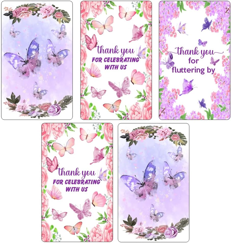 60 Butterfly Theme Mini Candy Bar Wrapper, Thank You Themed Miniatures Candy Bar Stickers, Birthday Decorations, Wedding, Baby Shower, Candy Not Included, Made in USA,