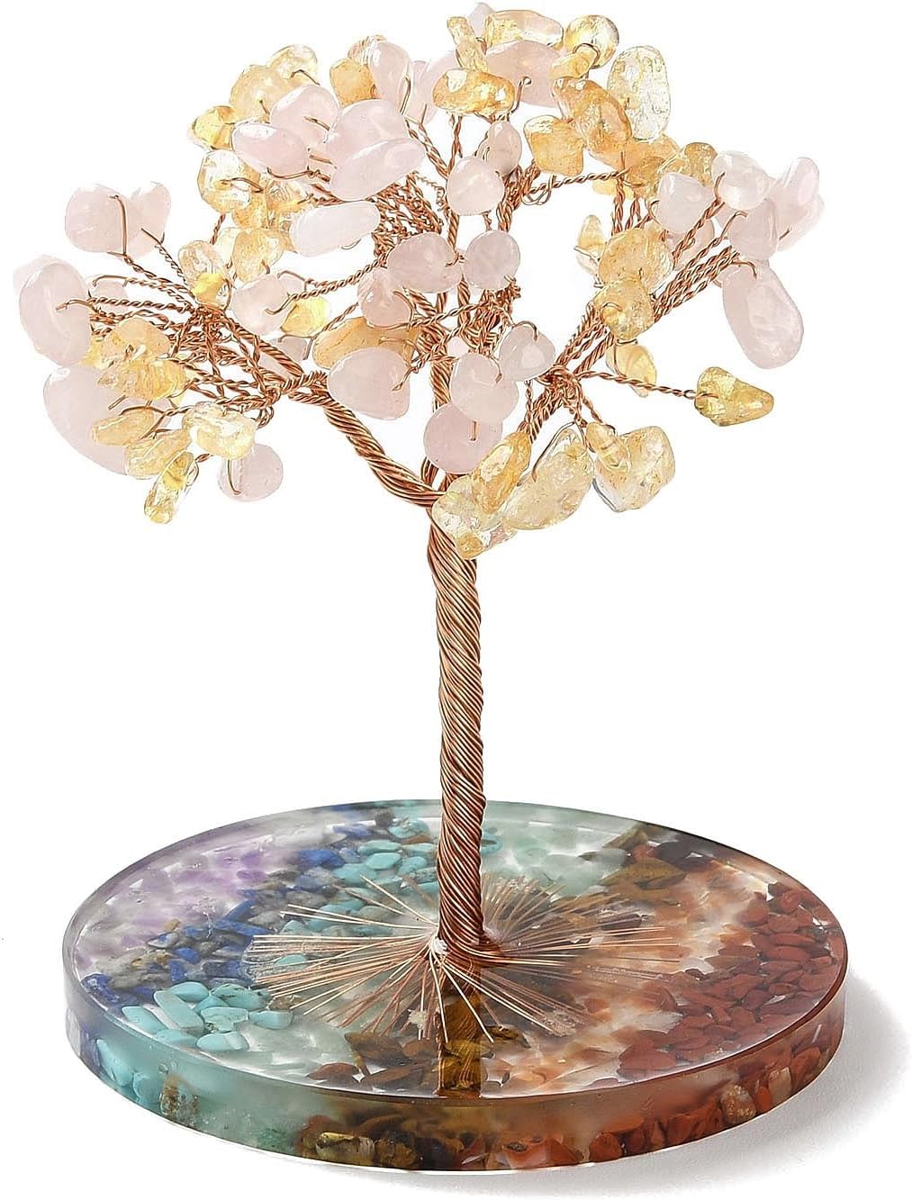 1Pc Natural Cystal Stone Tree Decorations Rose Quartz & Yellow Quartz Chips Tree Decorations Energy Crystal Ornaments Garden House Desk Office Table Bedroom Home Decor Birthday Gemstone Jewelry Gifts