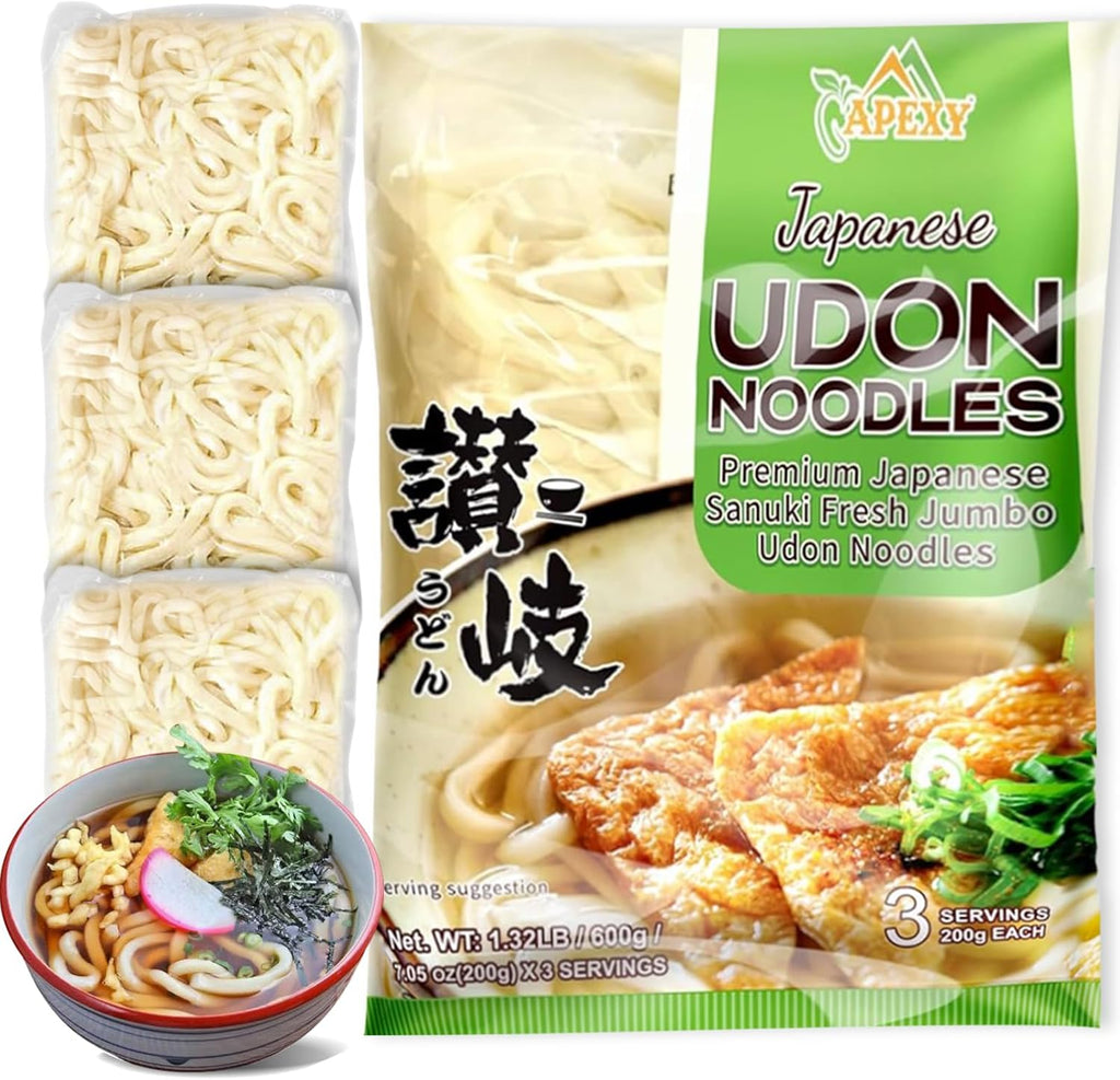 Apexy Japanese Style Fresh Udon Noodles, Authentic Sanuki Jumbo Chewy Noodles, Quick & Easy Meal Solution, 3 Individual Servings (Restaurant-Quality Taste at Home) 21.15oz