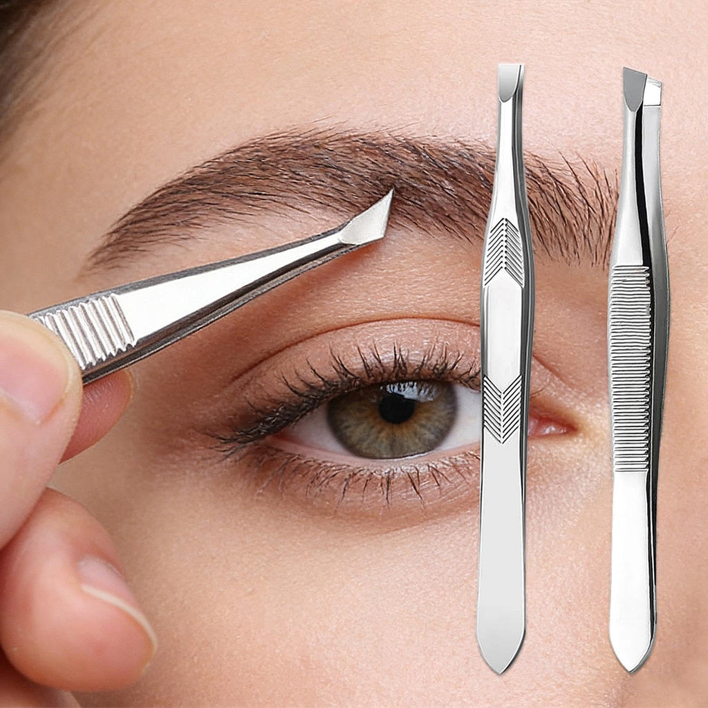 2Pcs/Set Stainless Steel Eyebrow Tweezer Eyebrow Clip for Hair Removal Precision Makeup Tools Clamp Safe for Easy to Cleaning (Silver, 9cm)