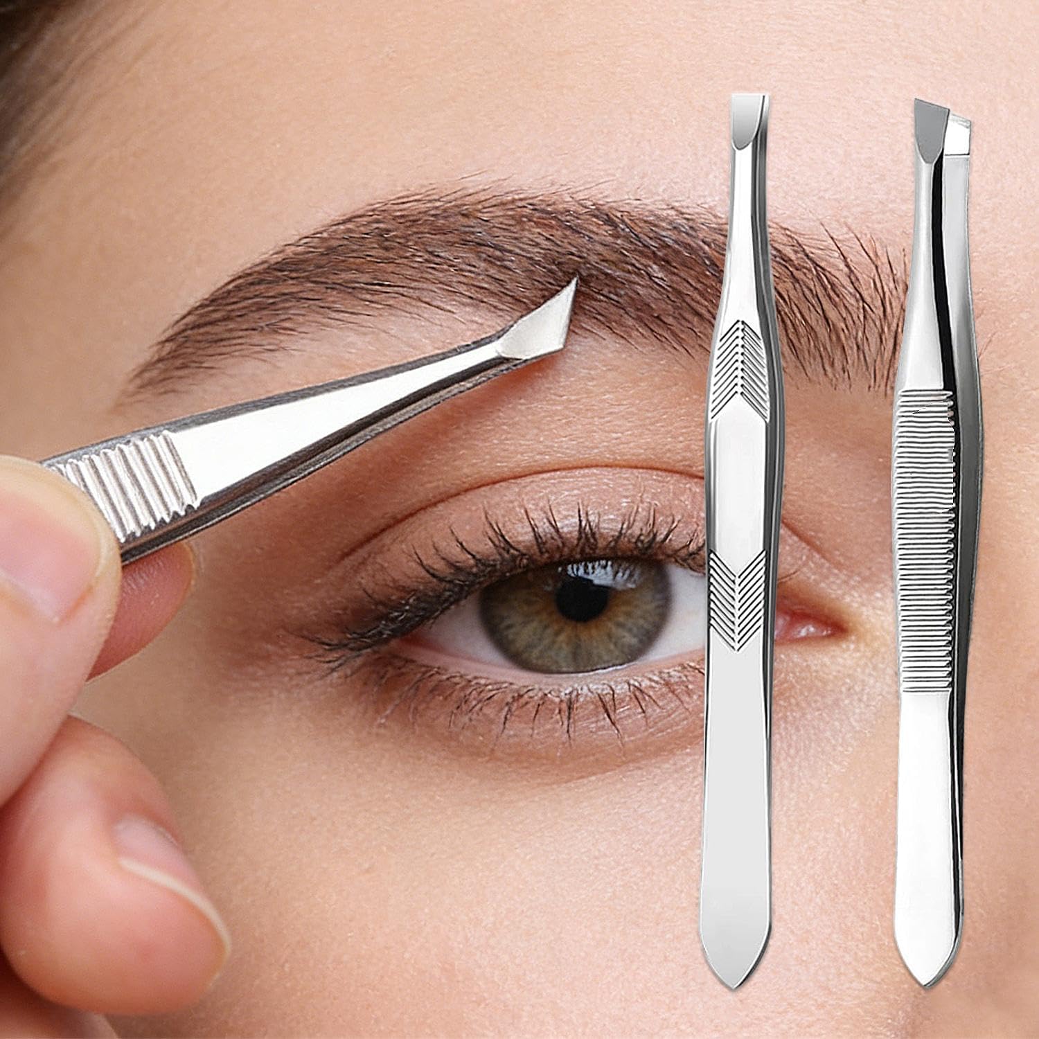 2Pcs/Set Stainless Steel Eyebrow Tweezer Eyebrow Clip for Hair Removal Precision Makeup Tools Clamp Safe for Easy to Cleaning (Silver, 9cm)