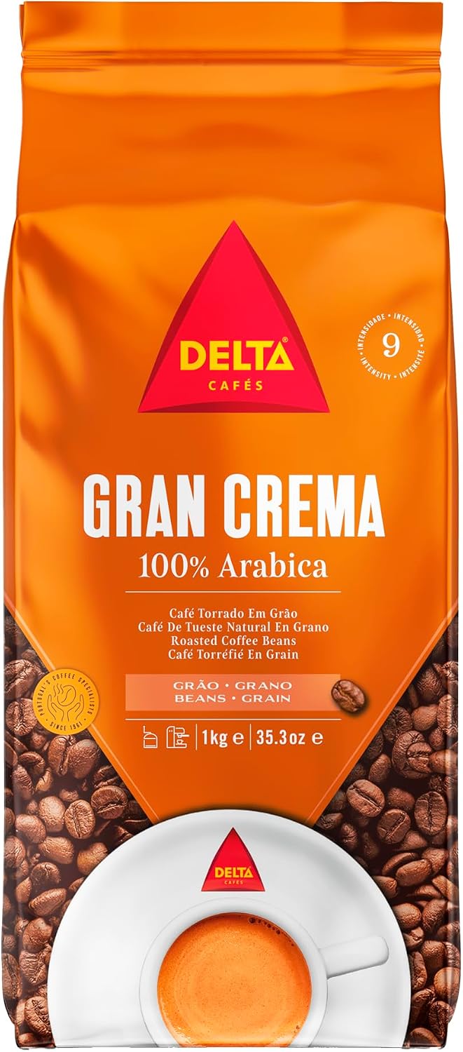 Delta Cafés Gran Crema Whole Bean Coffee 1kg/35.2 oz – 100% Arabica Blend, Guatemala & Colombia Origins, Intense Espresso Beans with Rich Crema & Aromatic Notes