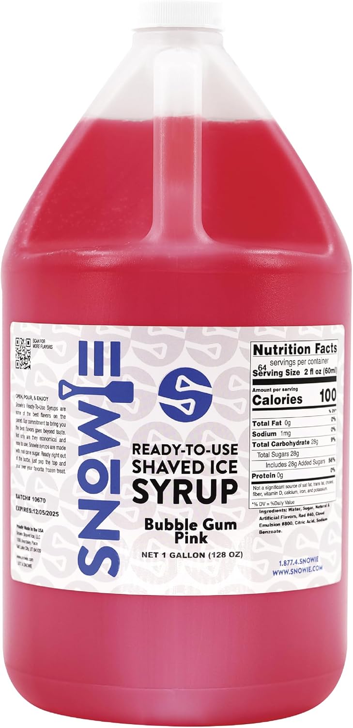 SNOWIE - Shaved Ice Snow Cone Ready to Use Syrup - Gallon (Flavor: Bubble Gum Pink)