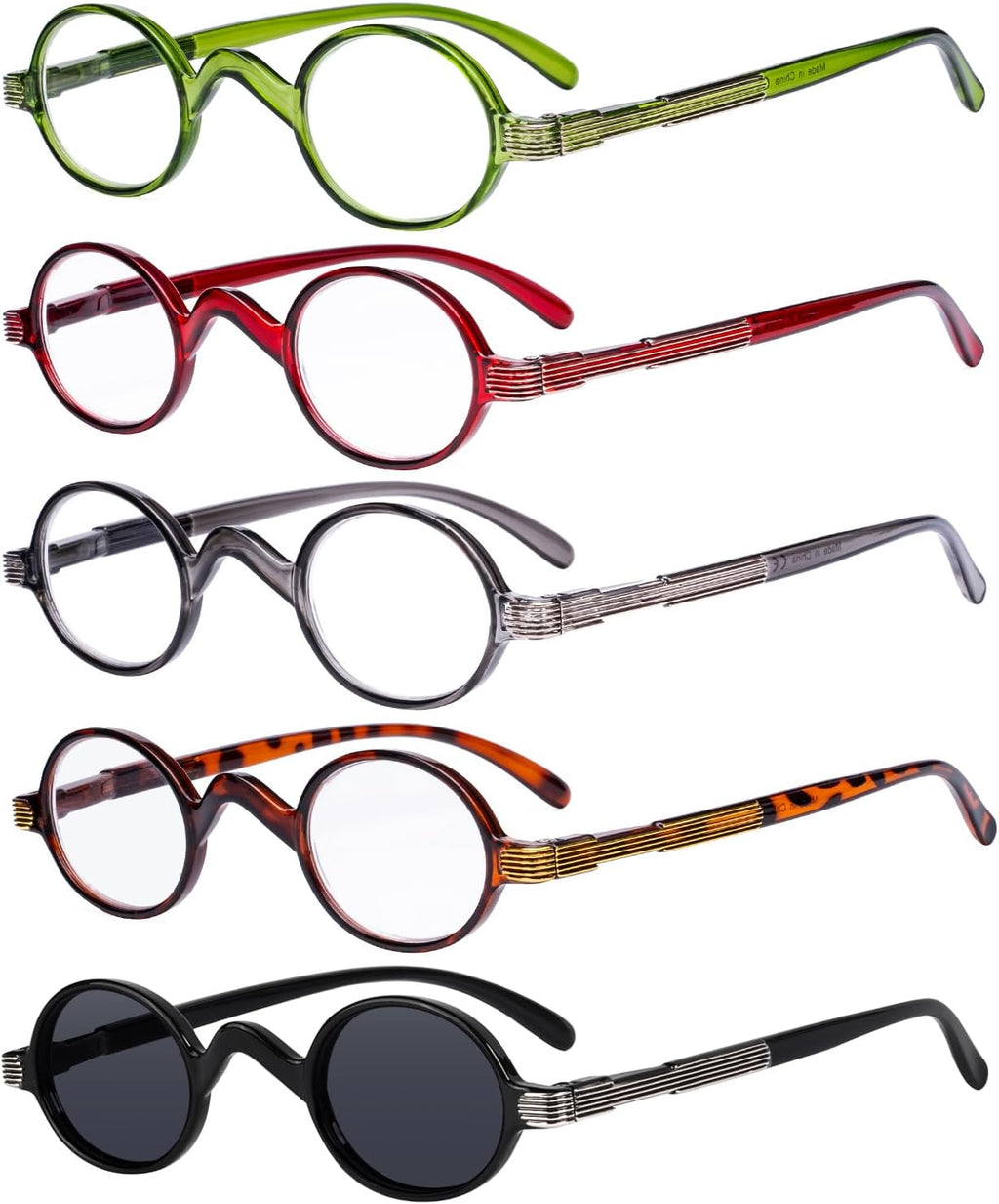Eyekepper 5-pack Spring Temple Vintage Mini Small Oval Round Reading Glasses include Sunshine Readers +0.75