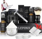 Shaving Kit for Men - The Ultimate Secret Santa Gift Set, Includes Safety Razor, Sandalwood Shaving Cream, Aftershave, Pre Shave Oil, Brush, Bowl & Apron Bib - Unique Gifts Set for Him Husband Dad