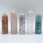 5 Pcs Chakra Healing Crystal Tower 3-3.5'' Cherry Blossom Agate, Aura Rose Quartz, Aura Howlite, Clear Quartz, Amazonite, Gemstone Tower Reiki Chakra Stone Meditation Crystals Home Decor