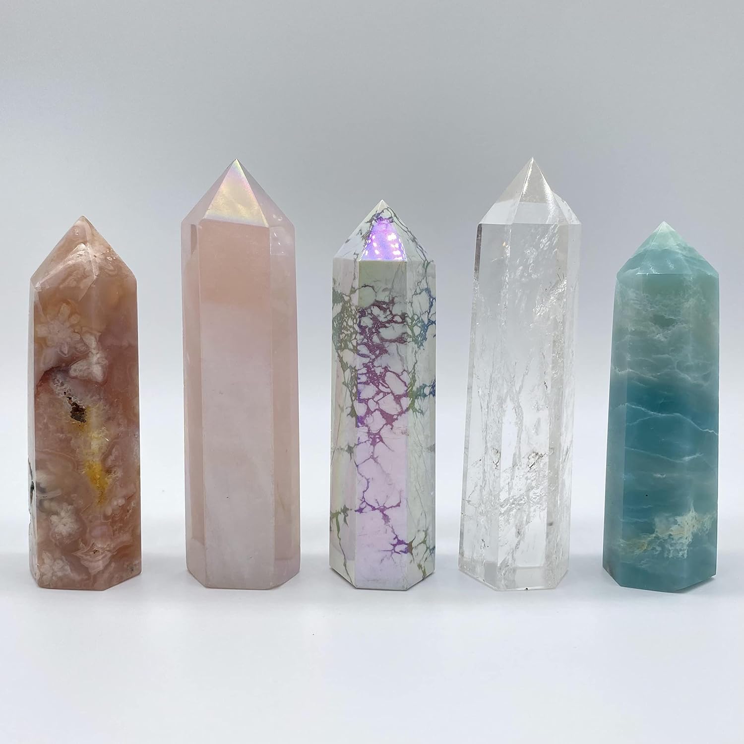 5 Pcs Chakra Healing Crystal Tower 3-3.5'' Cherry Blossom Agate, Aura Rose Quartz, Aura Howlite, Clear Quartz, Amazonite, Gemstone Tower Reiki Chakra Stone Meditation Crystals Home Decor