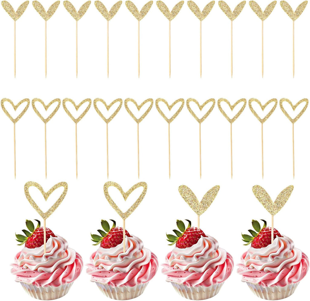 Xinjoduz 24 PCS Glitter Wedding Cupcake Toppers, Mini Love Heart Cupcake Toppers Sticks for Valentine's Day Wedding Engagement Bridal Shower Happy Birthday Party Decorations(Gold, 2 Style)
