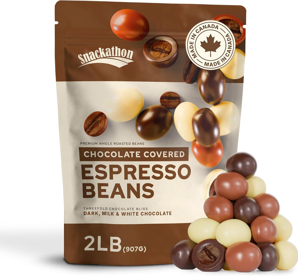 Snackathon Chocolate Covered Espresso Beans, Trio Blend (Dark, Milk & White), 2 Pound Bulk Bag, Chocolate Covered Coffee Beans, Gourmet Candy Snack Pack, Ideal for Coffee Lover Gifts