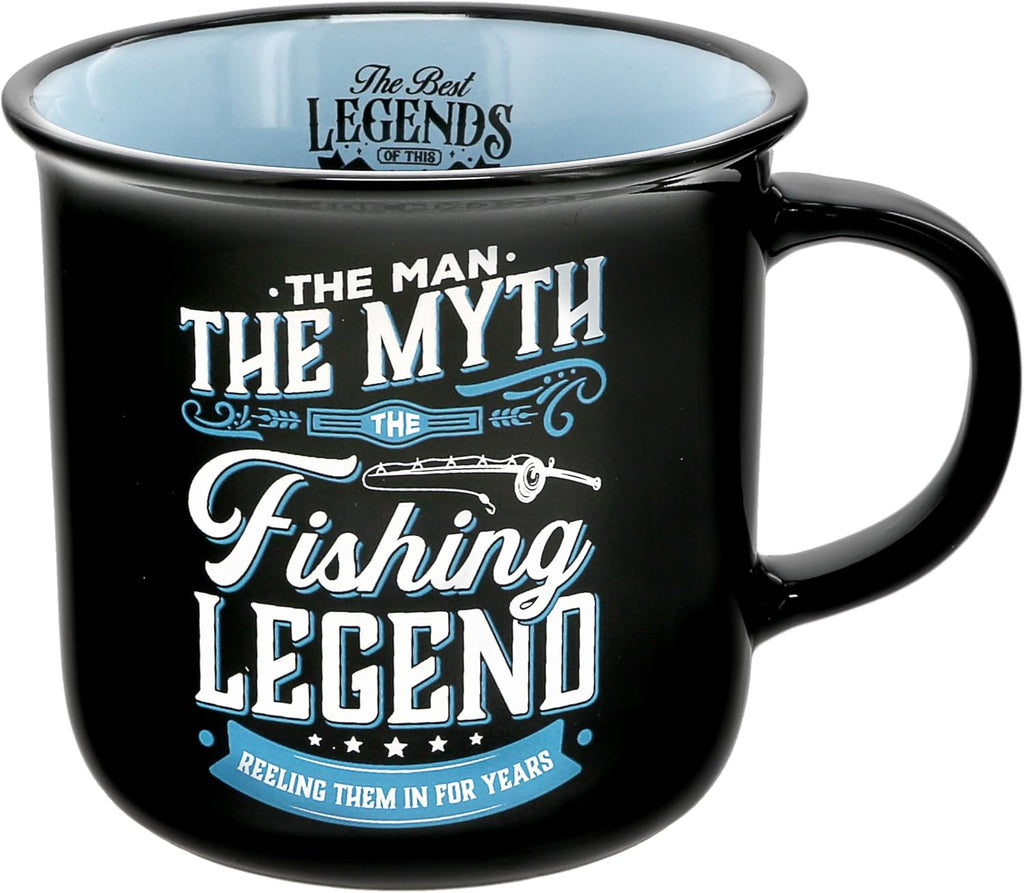 Pavilion Gift Company - Fishing Legend - Ceramic 13-ounce Campfire Mug, Double Sided Coffee Cup, Fishing Mug, Fishing Gifts For Men Funny, 1 Count (Pack of 1), 3.75” x 5” x 3.5”, Black/Blue