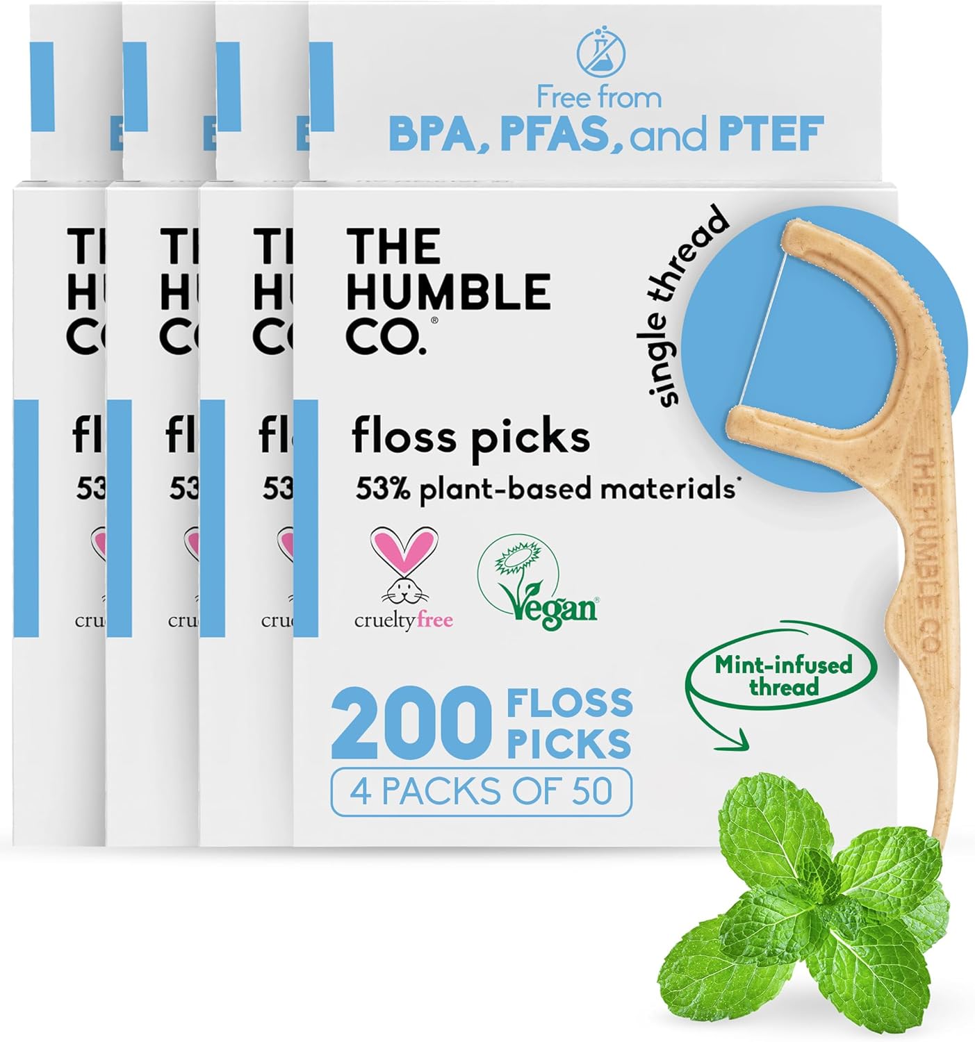 The Humble Co Dental Floss Picks for Teeth, 200 Count (Mint) - Single Thread Tooth Picks Flossers for Adults Gum Health - Plant-Based Toothpick Floss for Interdental Oral Care & Hygiene