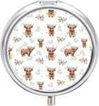 Purse Pill Organizer, Cute Farm Animal Highland Cow Print Cute Round Box, Compact Case for Vitamins, Travel Dispenser Pocket Carry for Her