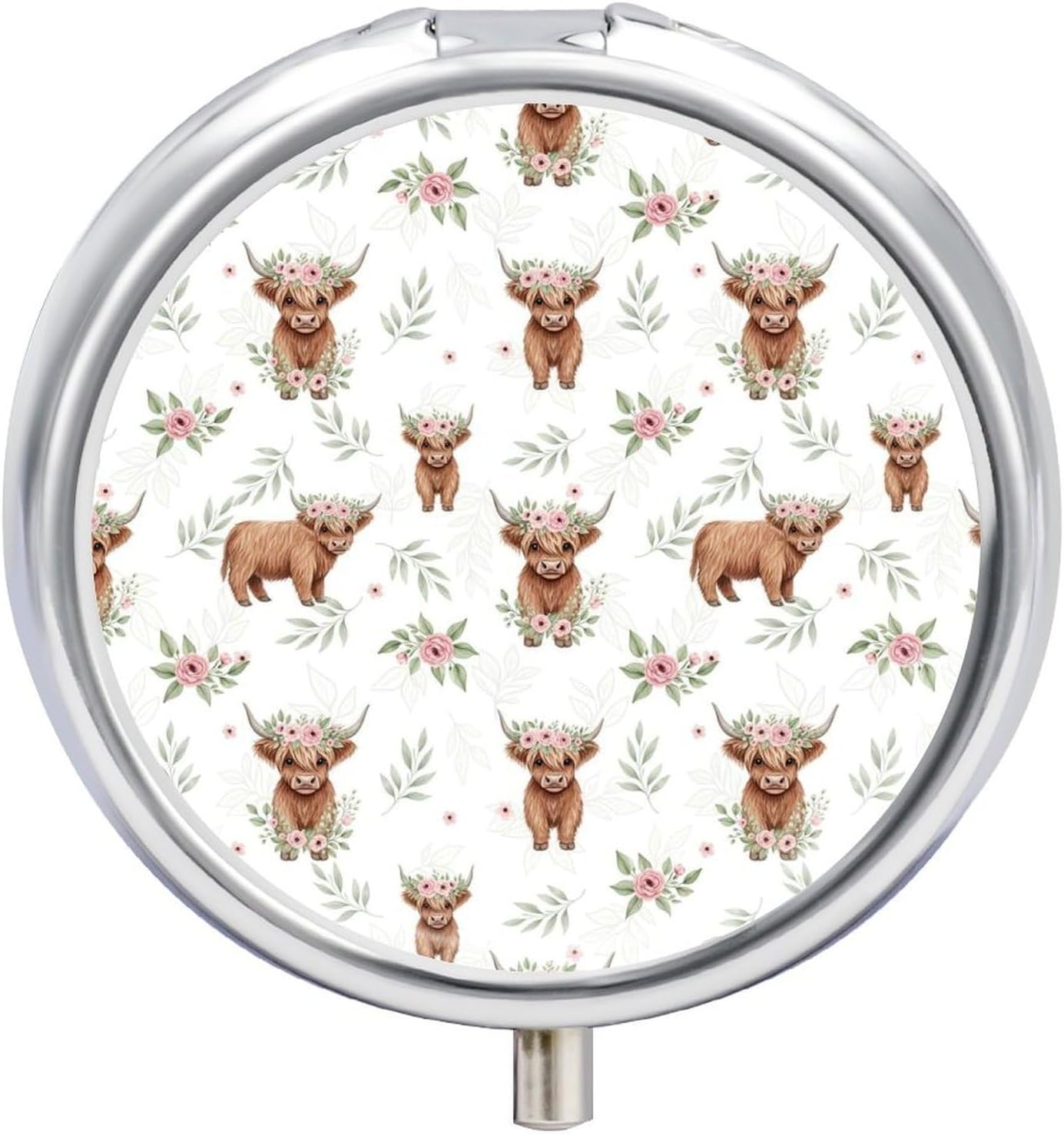 Purse Pill Organizer, Cute Farm Animal Highland Cow Print Cute Round Box, Compact Case for Vitamins, Travel Dispenser Pocket Carry for Her