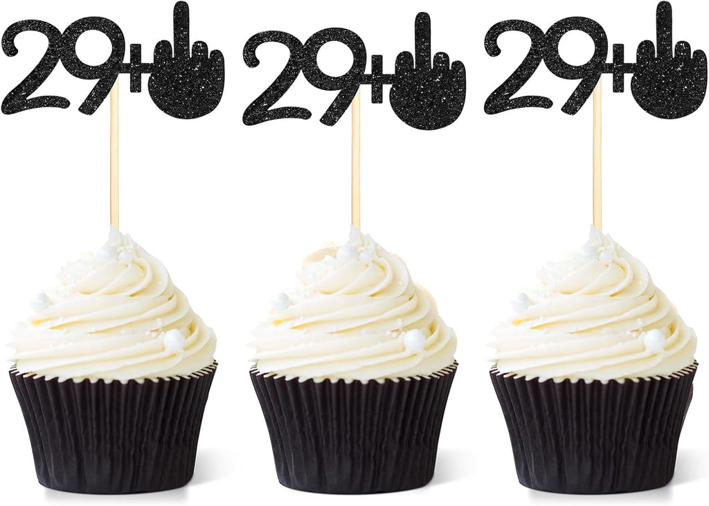 Gersoniel 24 Pieces 29 + 1 Cupcake Toppers Funny 30th Birthday Cupcake Picks Glitter Black Middle Finger Cake Toppers 30th Cupcake Decoration for Happy 30th Birthday Party Anniversary Decorations