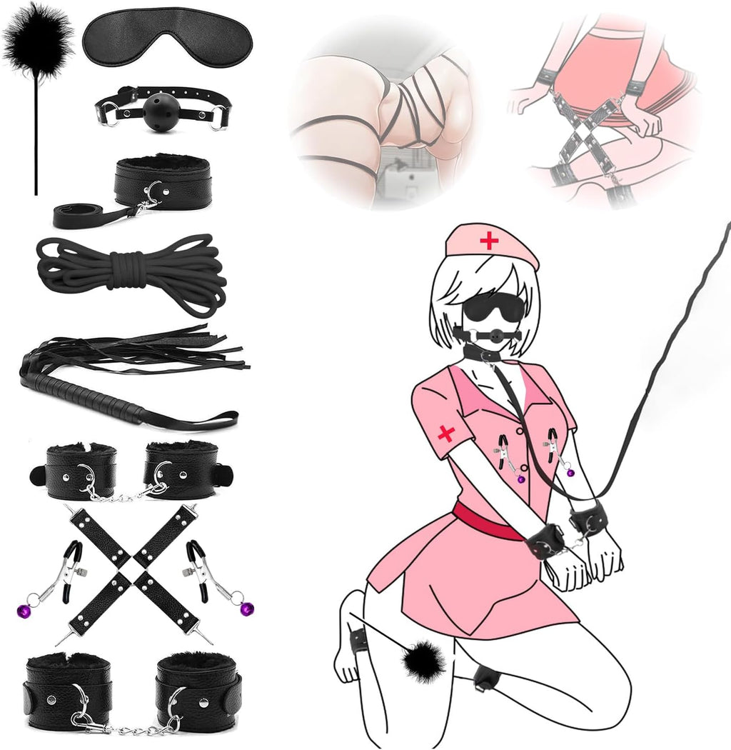 Couples Sexy Gift Sets 10pcs Set,Leather Restraints Ball Mouth Plug for Women, Adjustable Accessory for Couples Play Black ZF03