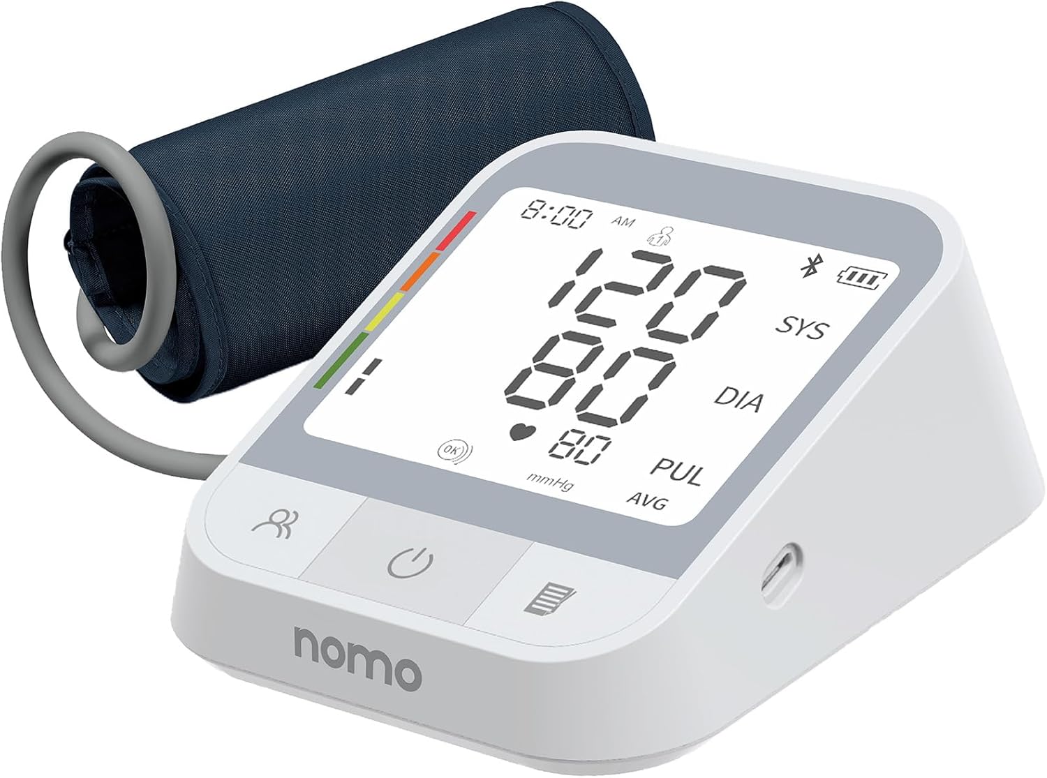 Nomo Smart Care Blood Pressure Monitor – Upper Arm Cuff with Bluetooth App Sync, Irregular Heartbeat Detection, WHO Risk Indicator, Dual User Profiles, Large Display, Batteries Included