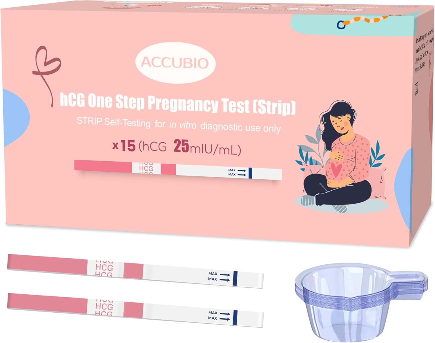 Pregnancy Test Strips with Urine Cups, hCG Detection Home Pregnancy Tests, Sensitive & Over 99% Accurate, 15 Count Individually Wrapped, Rapid hCG Test Strips, 5mm Wider 25mIU/mL