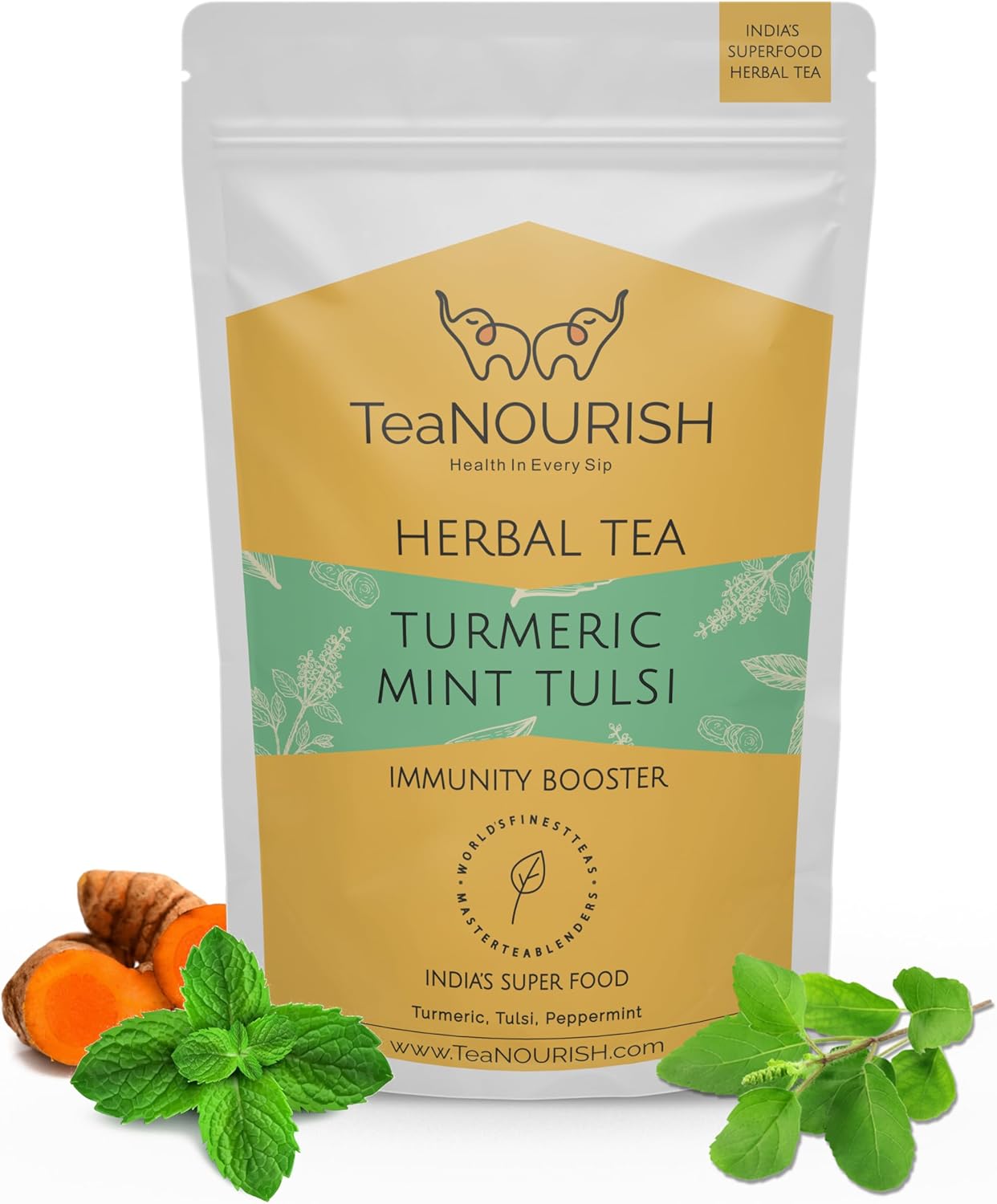 TeaNOURISH Turmeric Mint Tulsi Herbal Tea | Indian Superfoods | Blend of Turmeric, Tulsi & Peppermint | Immune Support | 100% NATURAL INGREDIENTS - 3.53oz/100g