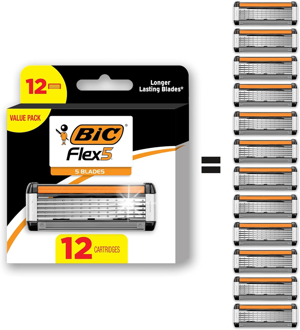 BIC Flex 5 Refillable Razors for Men, Long-Lasting 5 Blade Razors Refills for a Smooth and Comfortable Shave, 12 Razor Cartridges