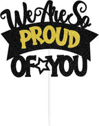 Zatain We Are So Proud of You Cake Topper, Congrats Grad/You Did It, 2026 Senior College High School Graduation Party Decorations Supplies Black and Gold Glitter