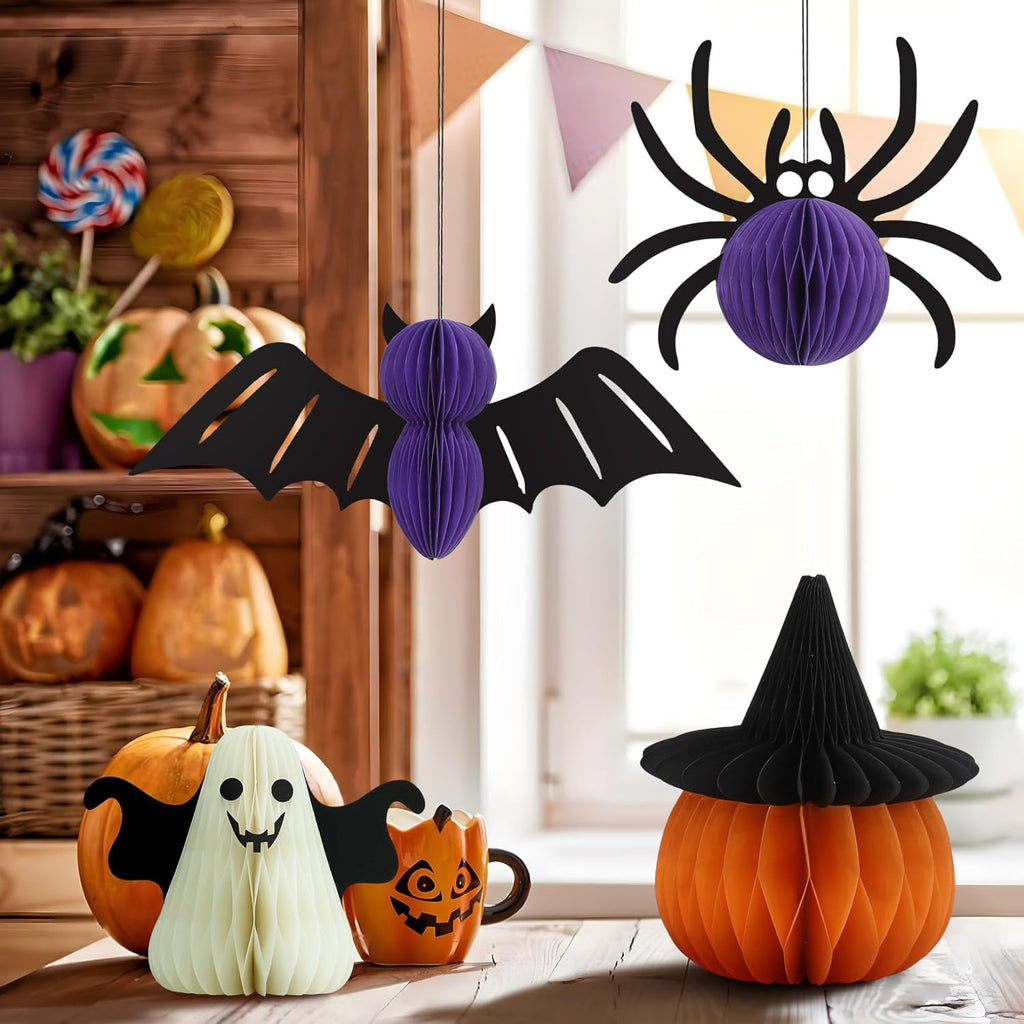 4 PCS Halloween Honeycomb Paper Decorations Set Halloween Centerpieces for Table Pumpkin Hanging Bat Ghost Ornaments Foldable Party Supplies Home Decor
