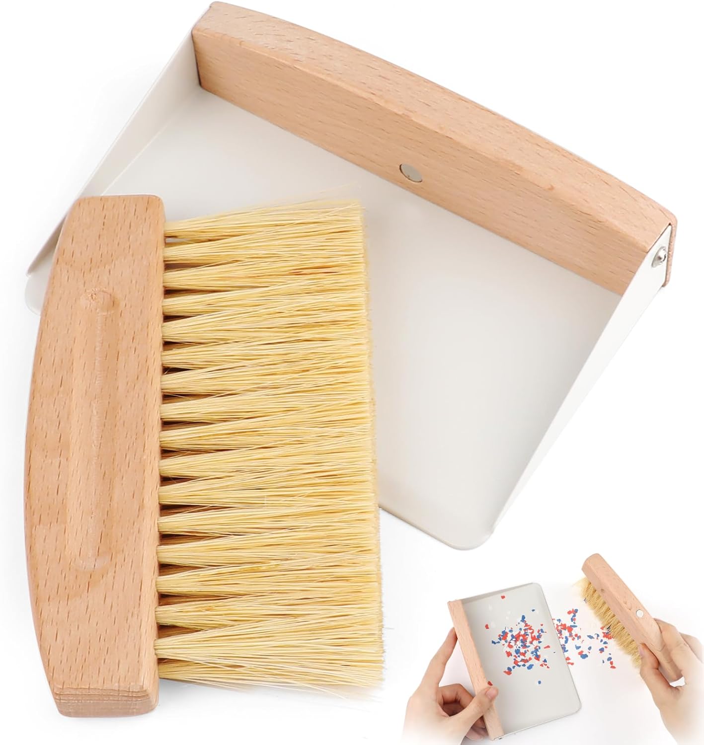 Small Dustpan and Brush Set with Wooden Handle,Mini Metal Crumb Sweeper for Countertops,Desk,Pet Hair,Car,Portable Cleaning Tools for Kitchen,Camping,Sofa (White)