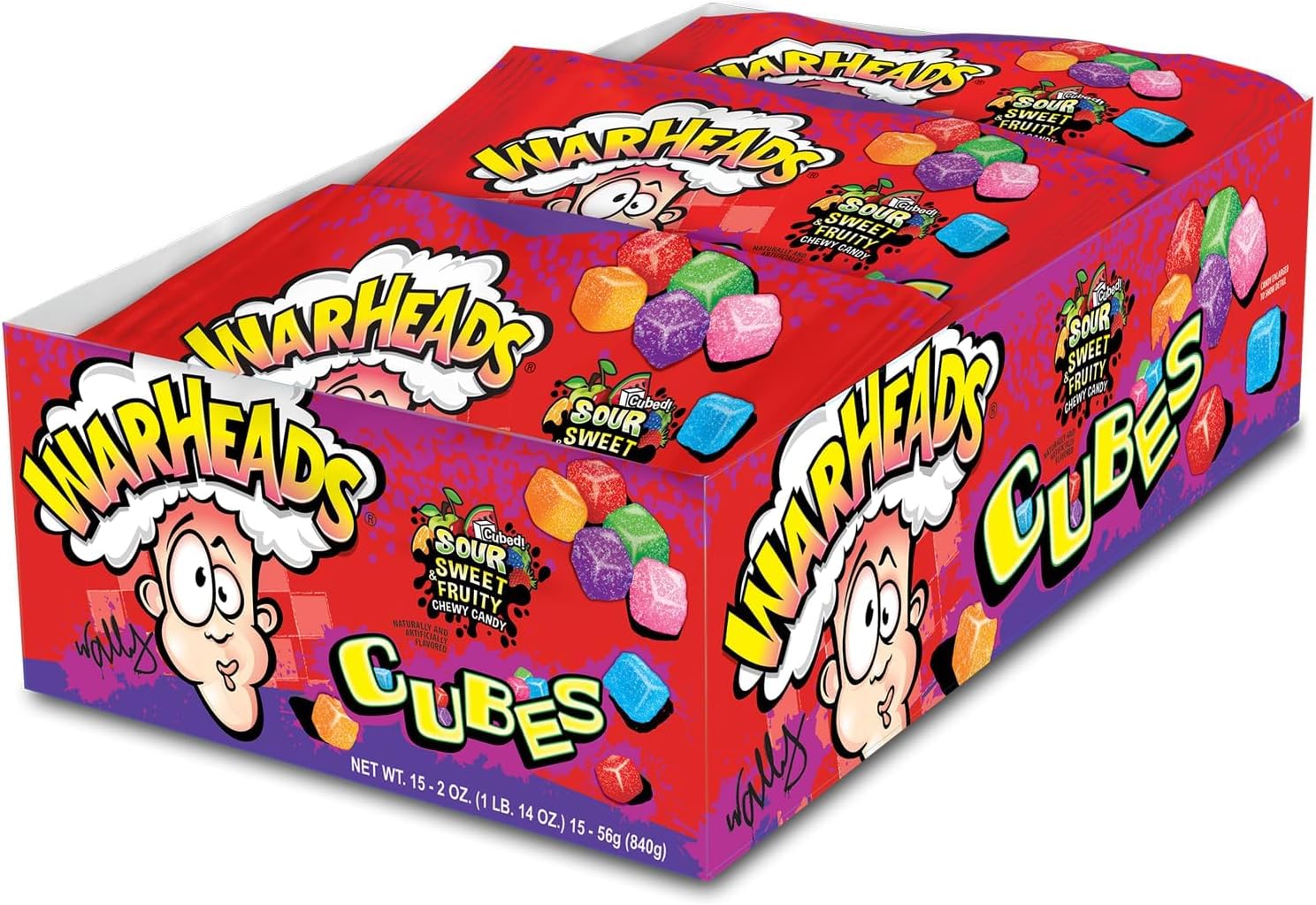 WARHEADS Cubes - Sour Sweet & Fruity Chewy Candy - Orange, Watermelon, Blue Raspberry, Black Cherry, Strawberry & Green Apple Flavors - 2 oz. Bags - 15 Pack