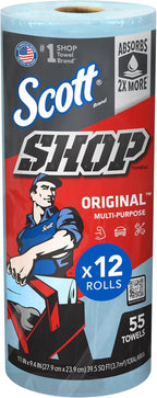 Scott Shop Original Blue Towels (75147), 9.4"x11" Cloth-like Paper Towel (12 Rolls of 55 Sheets, 660 Sheet Total)