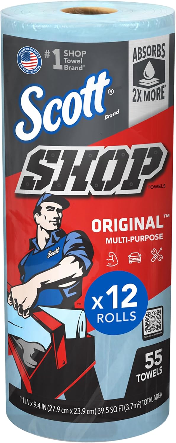 Scott Shop Original Blue Towels (75147), 9.4"x11" Cloth-like Paper Towel (12 Rolls of 55 Sheets, 660 Sheet Total)