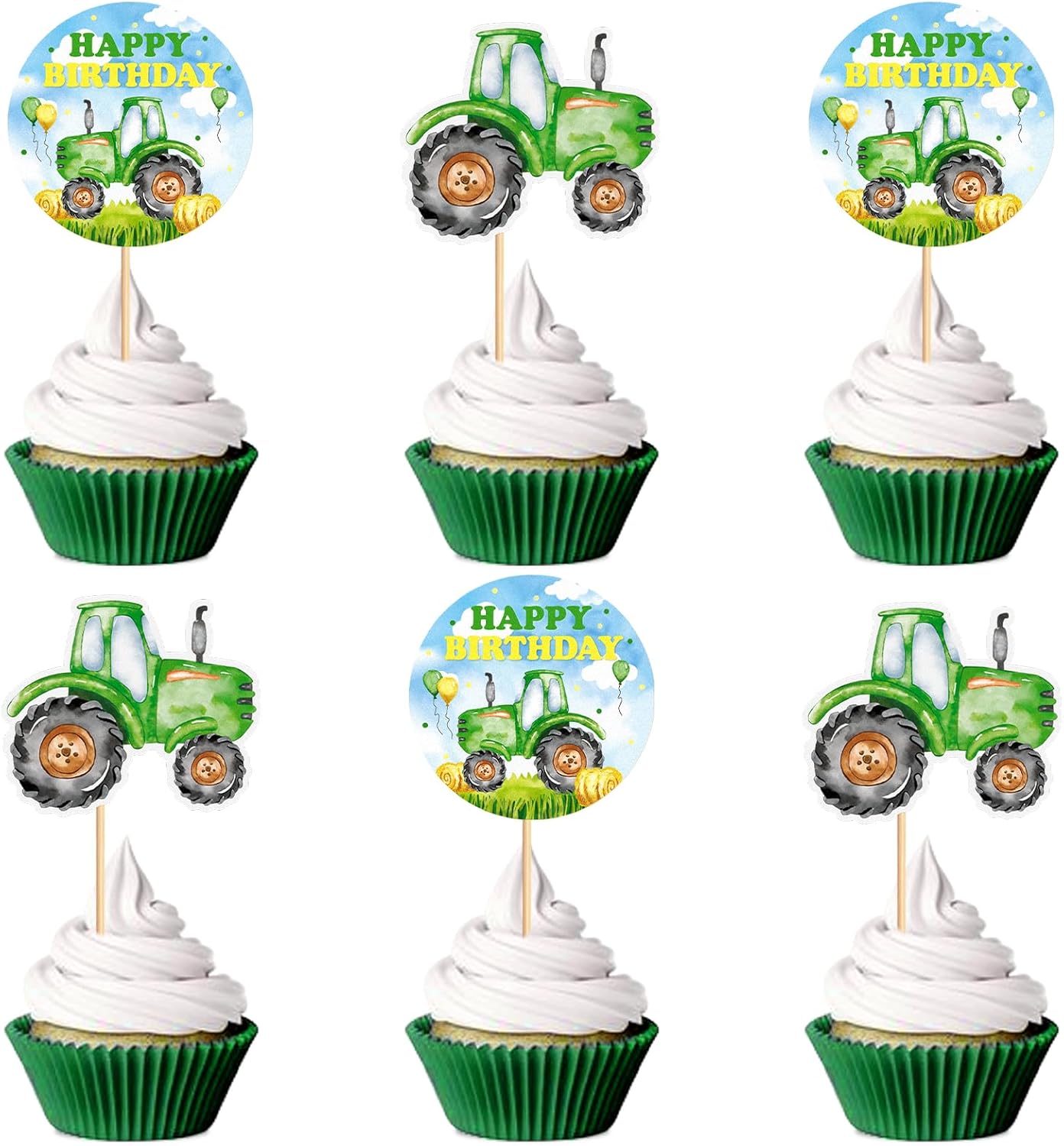 24Pcs Printed Green Tractor Cupcake Toppers Farm Tractors Cupcake Picks for Farm Tractor Birthday Cupcake Decoration Farm Theme Baby Shower Boys Girls Birthday Decorations Supplies