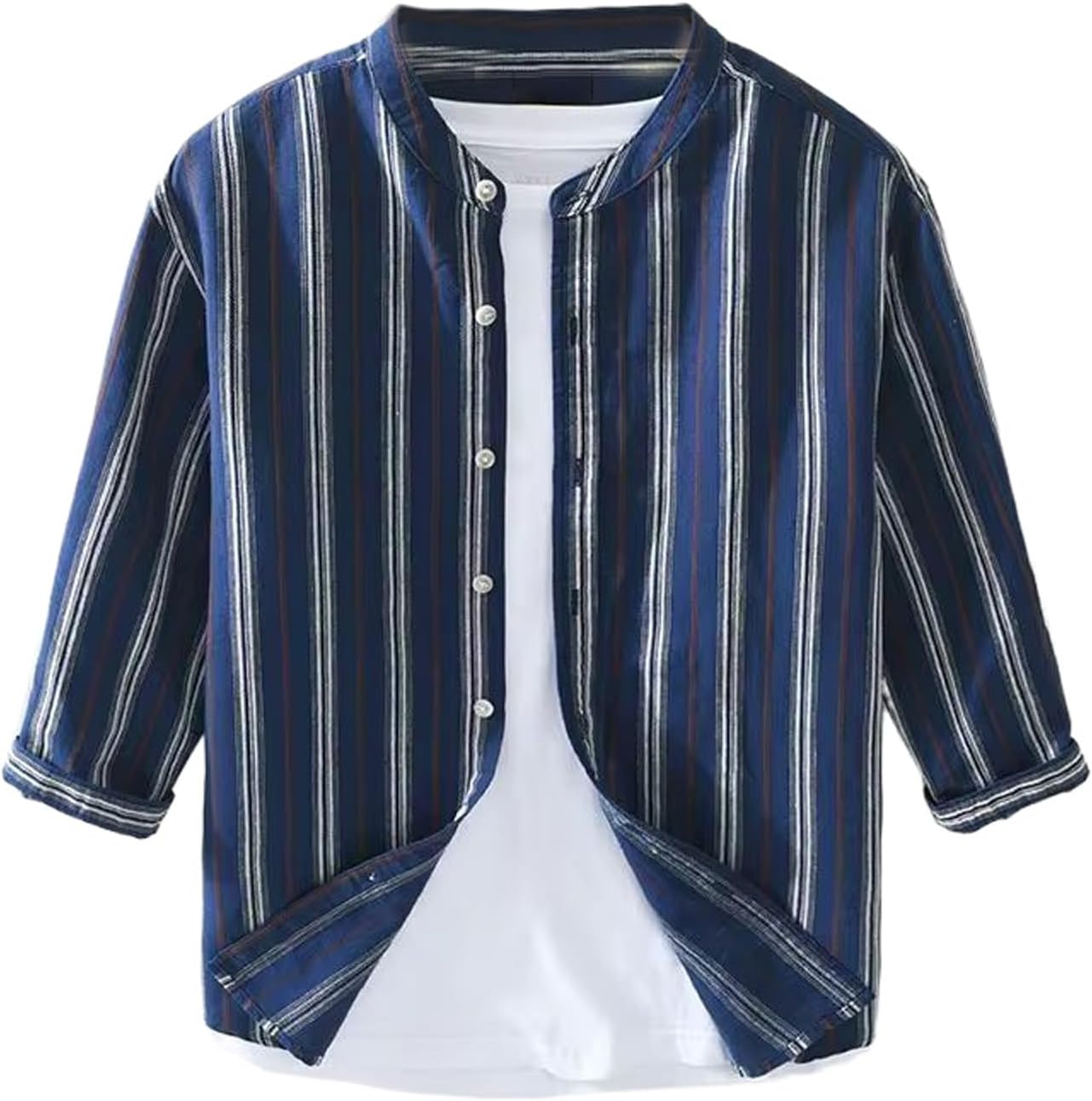 Men's Linen Three Quarter Sleeve Vertical Striped Shirt Loose Cotton Linen Half Sleeve Stand Collar Small Shirt