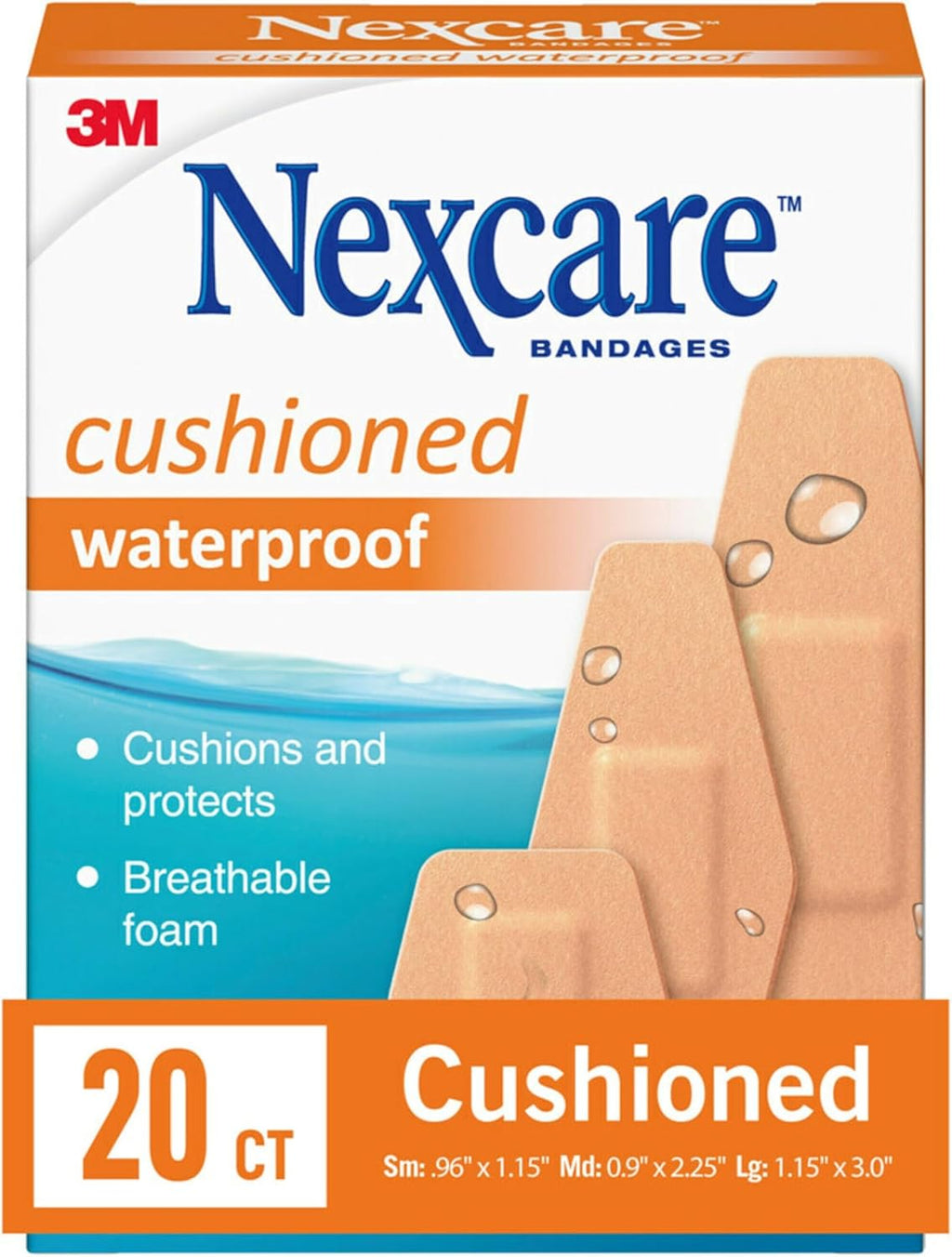 Nexcare Waterproof Cushioned Bandages, Assorted Sizes, 20 Count