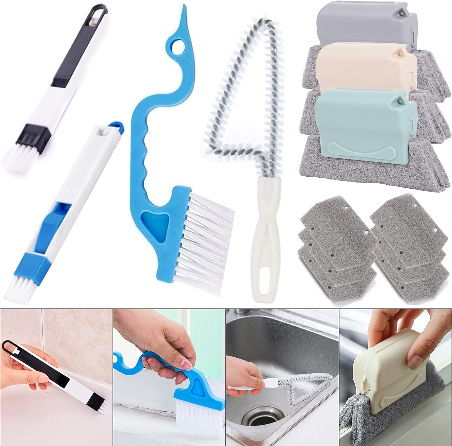 Window Track Cleaner Tool Set, 13 Pcs Magic Window Sill Cleaning Tools Kit with Groove Cleaning Brush for Door Tracks, Tile Lines, Shutter, Car Vents