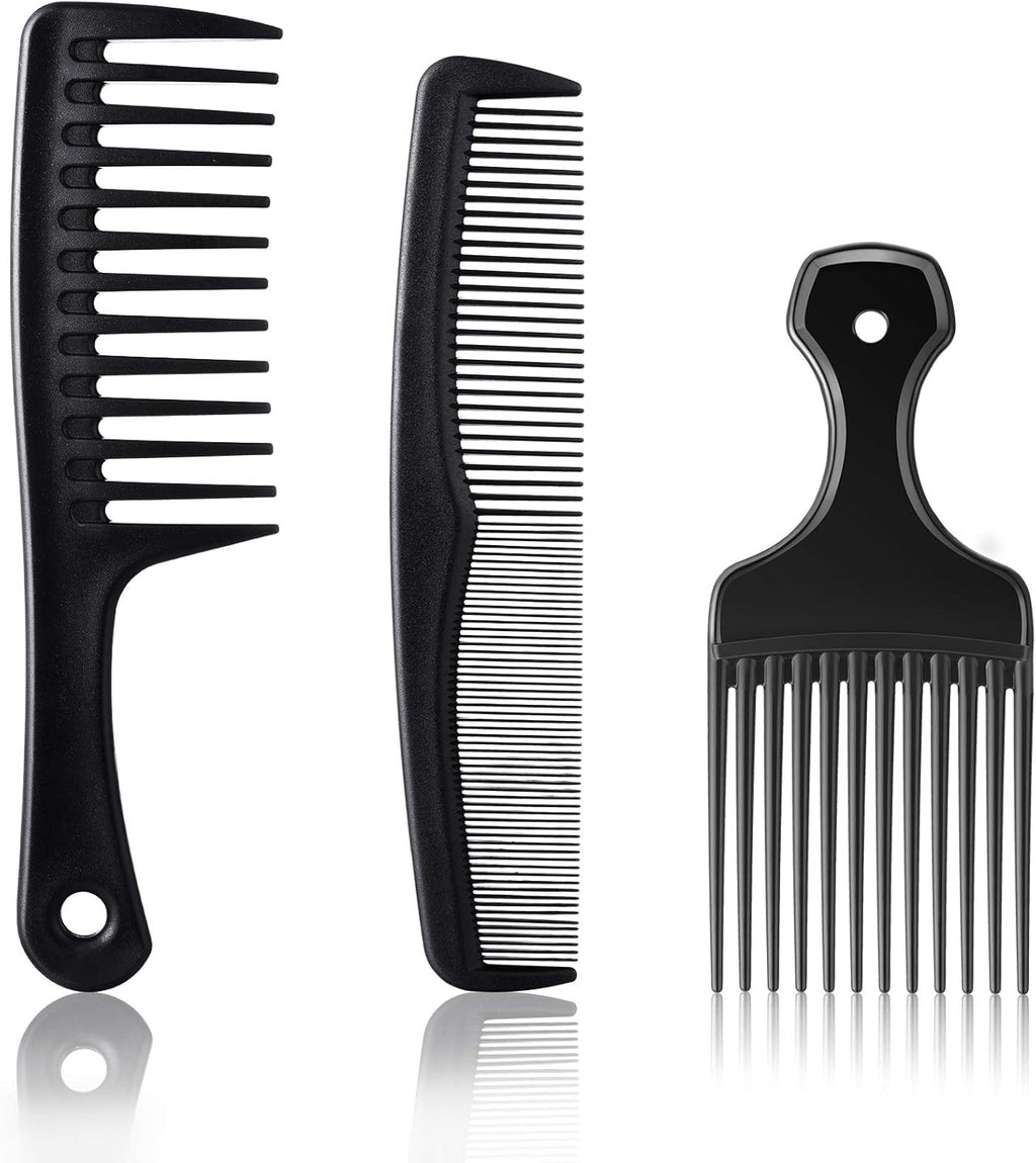 Patelai 3 Pieces Hair Pick Comb Wide-tooth Afro Comb for Men Detangling Styling Set, Carbon Fiber Pick Barber Brush Tool for Beard, Long, Thick, Curly Afro Hair