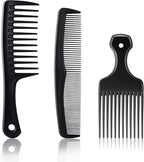 Patelai 3 Pieces Hair Pick Comb Wide-tooth Afro Comb for Men Detangling Styling Set, Carbon Fiber Pick Barber Brush Tool for Beard, Long, Thick, Curly Afro Hair