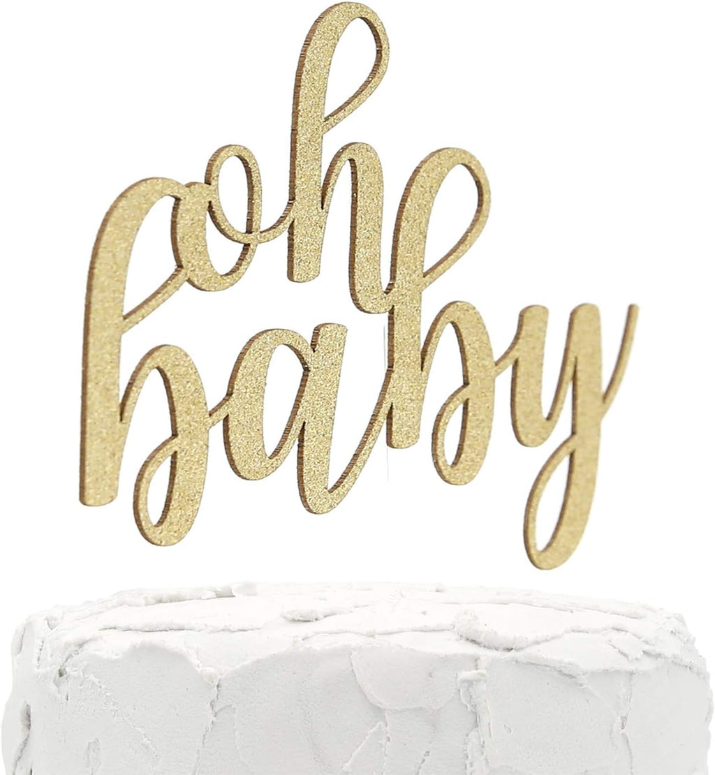 NANASUKO Baby Shower Cake Topper - oh baby - Double Sided Gold Glitter - Premium Quality Made in USA