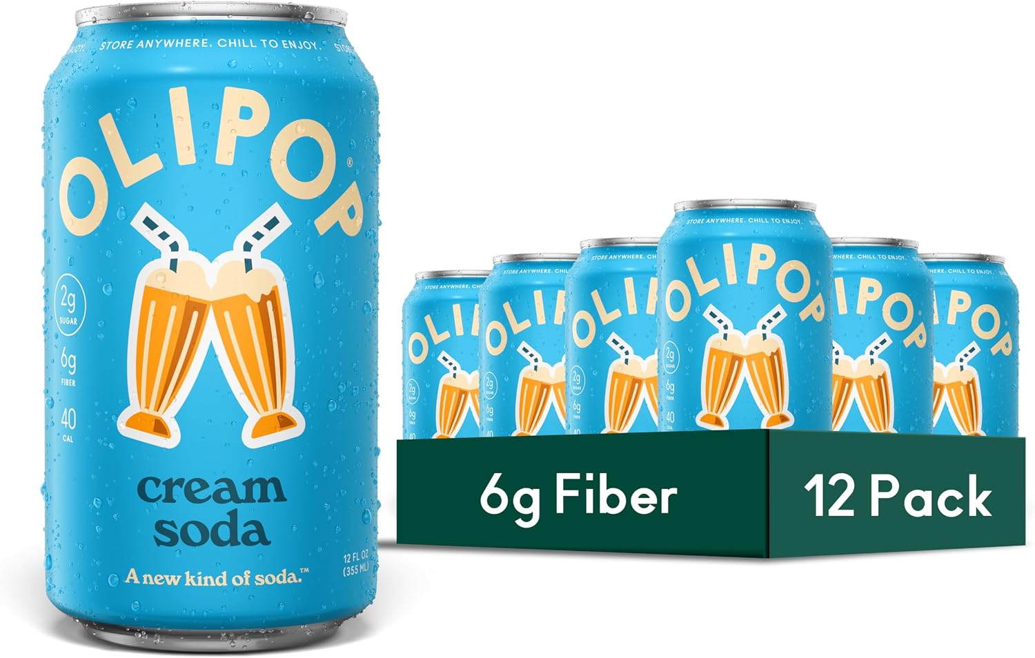 OLIPOP Prebiotic Soda Pop, Cream Soda, Pantry Pack Packed with Prebiotics, Fiber, and Botanicals, Gluten Free, GMO Free, 12oz (12-Cans)