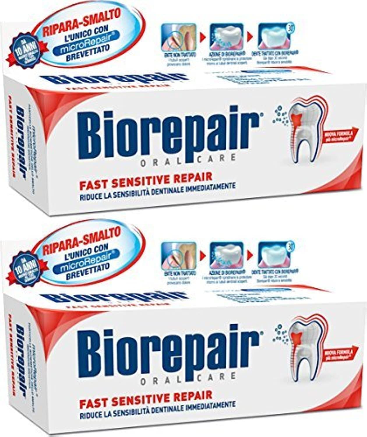 Biorepair: Fast Sensitive Repair Toothpaste with microRepair, New Formula - 2.5 Fluid Ounce (75ml) Tubes (Pack of 2) [ Italian Import ]