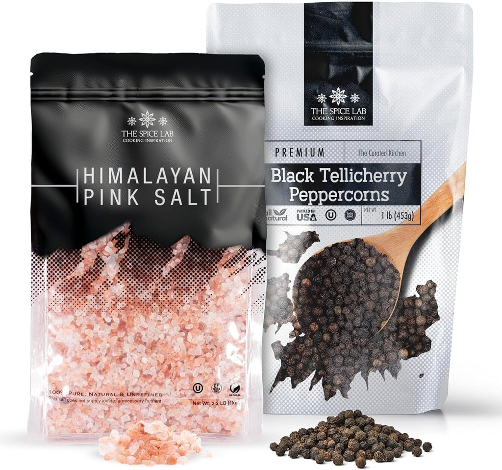 The Spice Lab Pink Himalayan Salt and Pepper Combination Gift Pack (Coarse Salt + Peppercorn Bags)