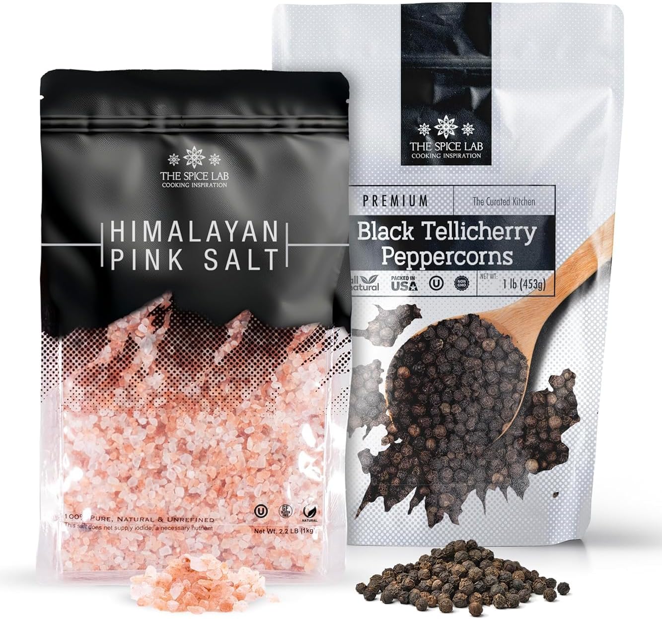 The Spice Lab Pink Himalayan Salt and Pepper Combination Gift Pack (Coarse Salt + Peppercorn Bags)