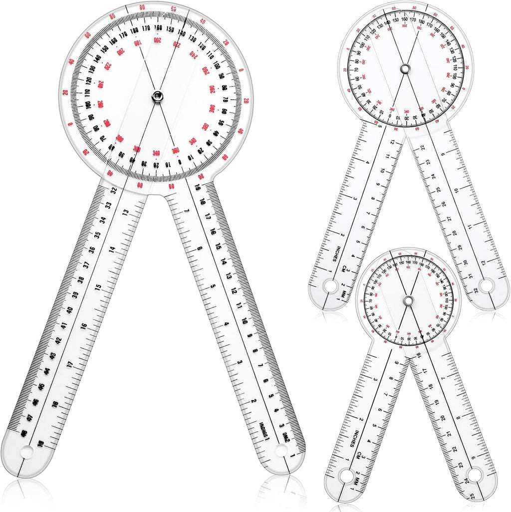Zonon 3 Pcs Goniometer Transparent Orthopedic Angle Ruler Plastic 360 Degree Clear Goniometer Protractor Physical Therapy for Measurement Tool Angle Ruler Sports Training (6/8/12 Inch)