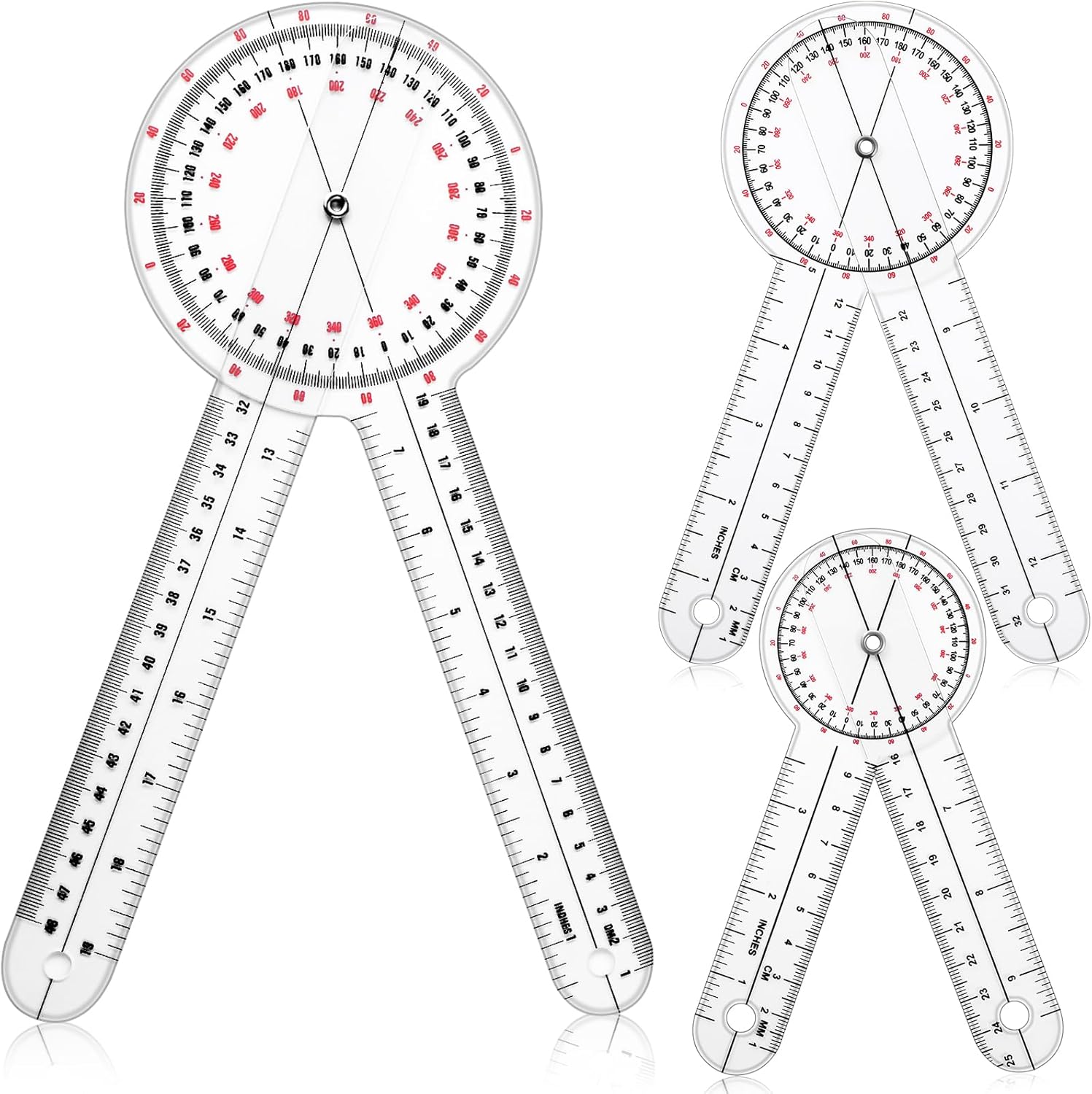 Zonon 3 Pcs Goniometer Transparent Orthopedic Angle Ruler Plastic 360 Degree Clear Goniometer Protractor Physical Therapy for Measurement Tool Angle Ruler Sports Training (6/8/12 Inch)
