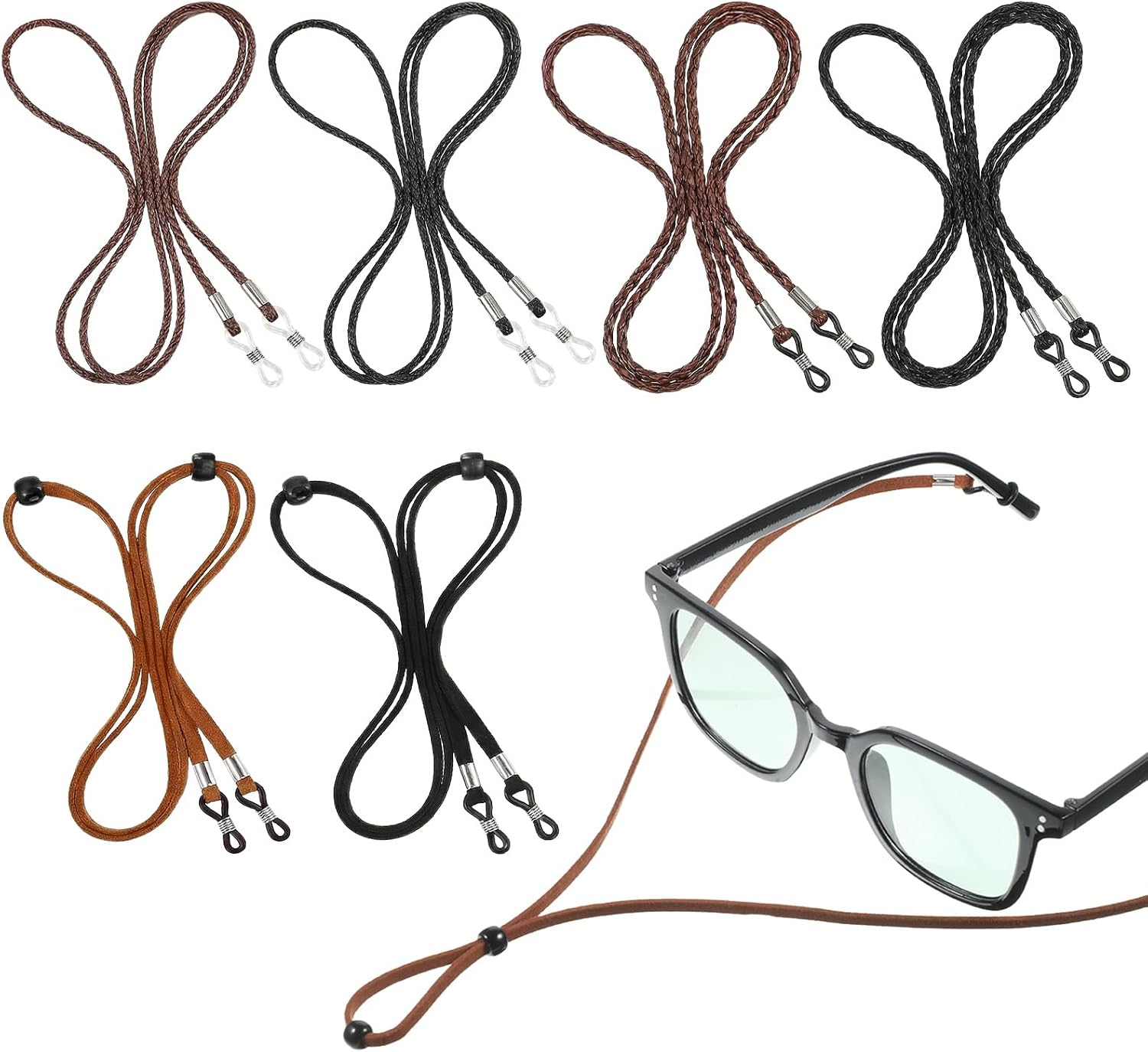 6 Pcs Glasses Chain Eyeglasses Strap Eye Glasses Holders Around Neck Glass Chain for Women PU Leather Adjustable Eyewear String Lanyard Retainer Sunglasses Strap for Men & Women