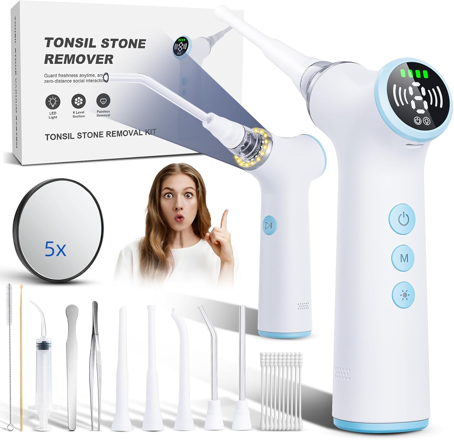 Electric Tonsil Stone Remover Vacuum – 8 Suction Levels with LED Light, Safety Pause Button & Oral Protection | High-Precision Tonsil Stone Removal Kit with 13 Attachments for Painless Cleaning