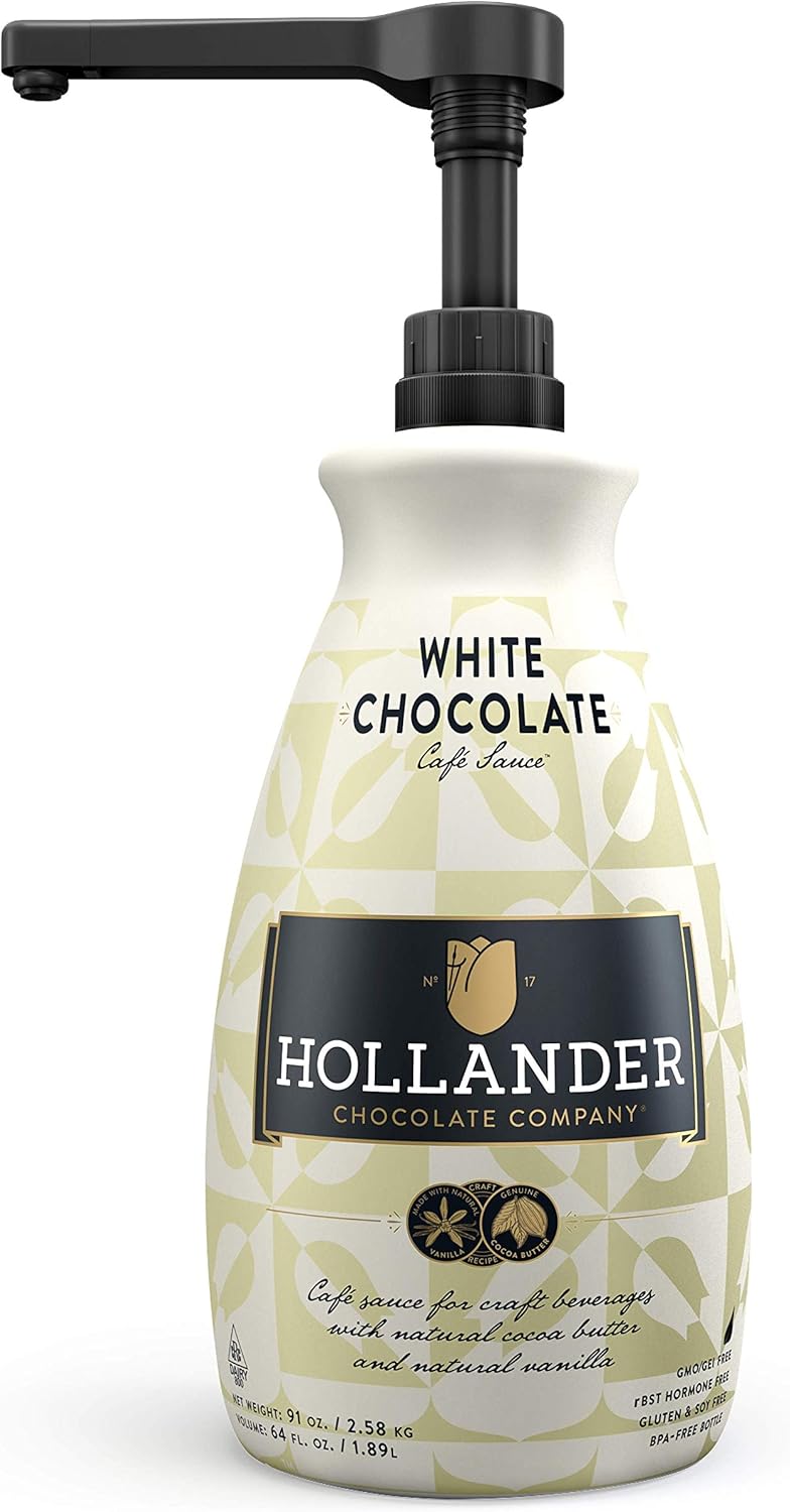 White Chocolate Café Sauce™ by Hollander Chocolate Co. | Perfect for the Professional or Home Barista | Rainforest Alliance Certified | Gluten-Free, Soy-Free, Corn Syrup-Free | Net Wt. 91oz (64 fl. Oz.) Large Bottle (PUMP Included)